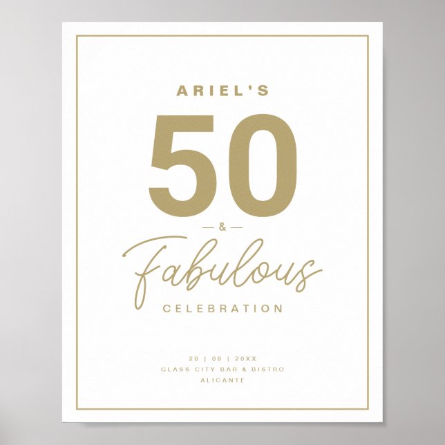 Classy White & Gold 50 & Fabulous Birthday Party Poster (Front)