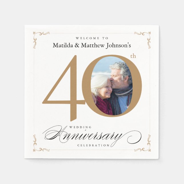 Classy White Gold Calligraphy 40th Anniversary Napkin (Front)