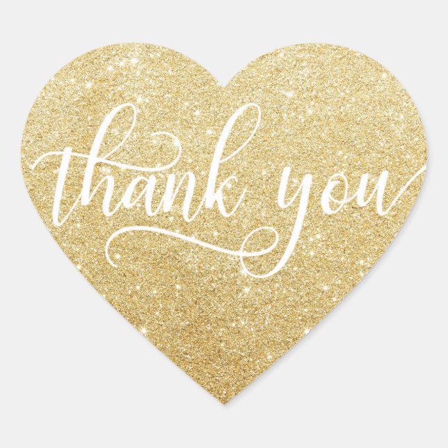 Classy White Gold Faux Glitter Script Thank You Heart Sticker (Front)