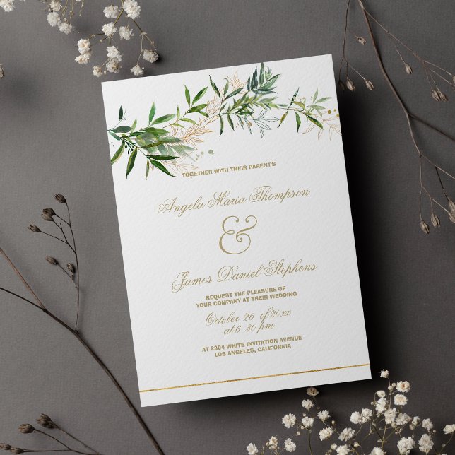 Classy white green gold glitter foliage wedding invitation (Classy white green gold glitter foliage wedding )