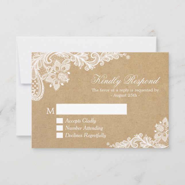 Classy White Lace in Kraft Wedding RSVP Reply Card (Front)