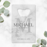 Classy White Marble Personalised Groomsmen<br><div class="desc">Add a personal touch to your wedding with personalised groomsmen credit card bottle opener. This bottle opener features personalised groomsman's name with title and wedding date in grey and monogram in light grey as background, in classic serif font style, on white marble background. Also perfect for best man, father of...</div>