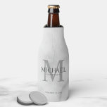 Classy White Marble Personalised Groomsmen Bottle Cooler<br><div class="desc">Add a personal touch to your wedding with personalised groomsmen bottle cooler. This bottle cooler features personalised groomsman's name with title and wedding date in grey and monogram in light grey as background, in classic serif font style, on white marble background. Also perfect for best man, father of the bride,...</div>