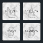 Classy White Marble Personalised Groomsmen Coaster Set<br><div class="desc">Add a personal touch to your wedding with personalised groomsmen coaster set. This coaster set features personalised groomsman's name with title and wedding date in grey and monogram in light grey as background, in classic serif font style, on white marble background. Also perfect for best man, father of the bride,...</div>