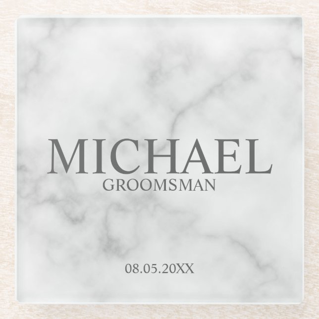 Classy White Marble Personalised Groomsmen Glass Coaster (Front)