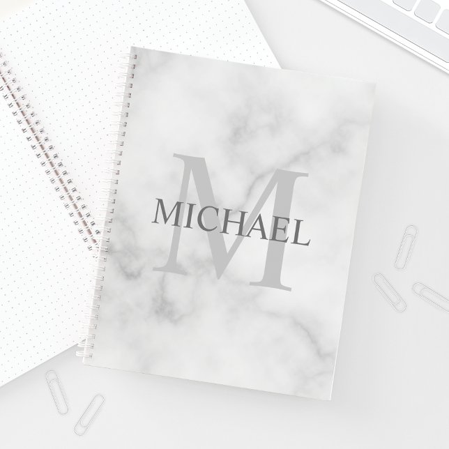Classy White Marble Personalised Monogram and Name Notebook (Creator Uploaded)