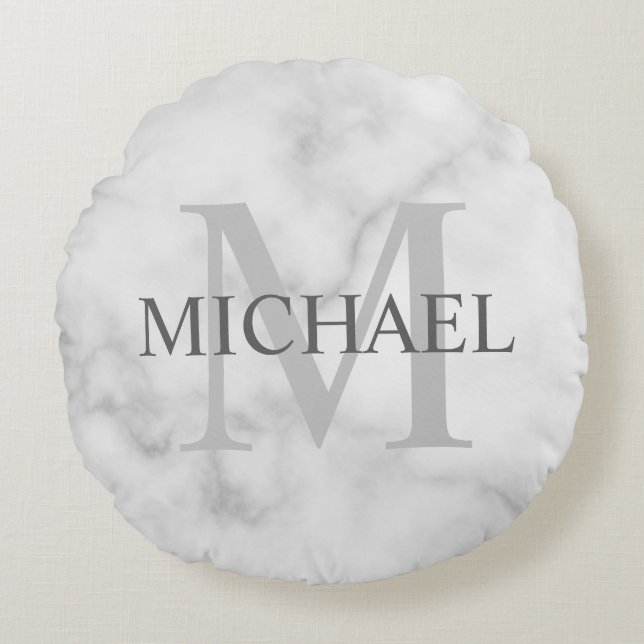 Classy White Marble Personalised Monogram and Name Round Cushion (Front)