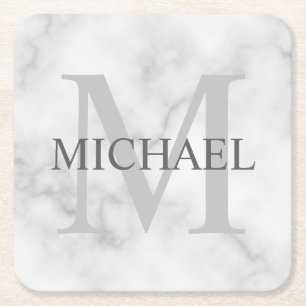 Classy White Marble Personalised Monogram and Name Square Paper Coaster