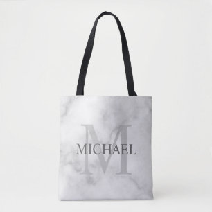 Classy White Marble Personalised Monogram and Name Tote Bag