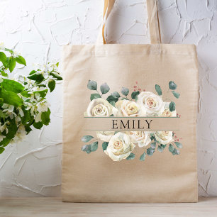 Classy White Roses Bridesmaid Custom Name Tote Bag