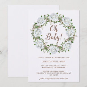 Classy White Roses Flower Wreath Baby Shower Invitation