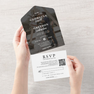 Classy White RSVP Photo QR Code Wedding All In One Invitation