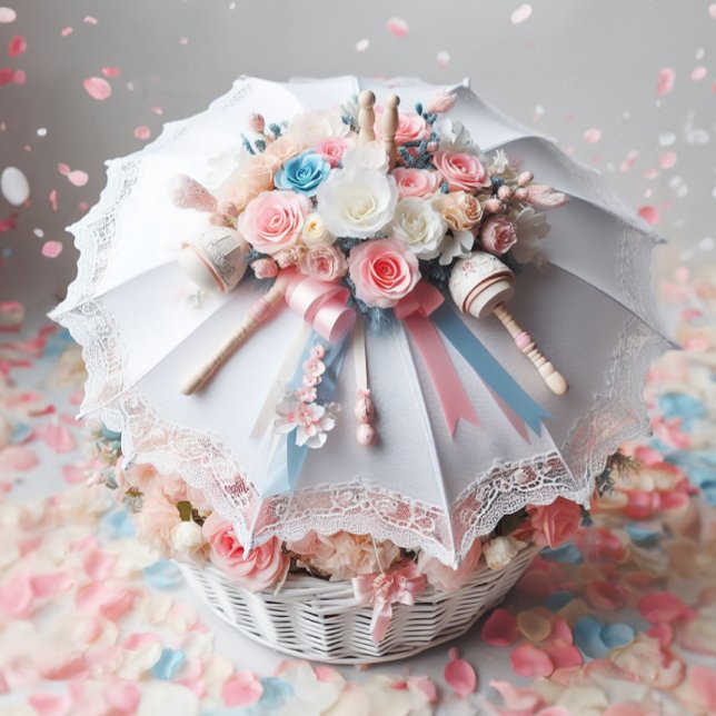 CLASSY WHITE SHOWER UMBRELLA FLOWERS, BABY RATTLE  INVITATION (Creator Uploaded)