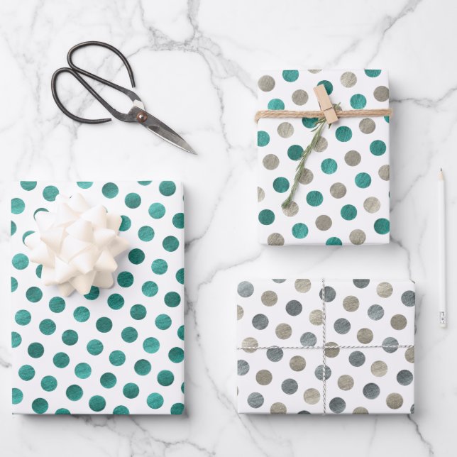  Classy White Teal & Silver Polka Dots Modern Xmas Wrapping Paper Sheet (Front)