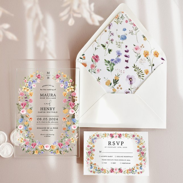 Classy Wildflower Garden Monogram Wedding Acrylic Invitations (Creator Uploaded)