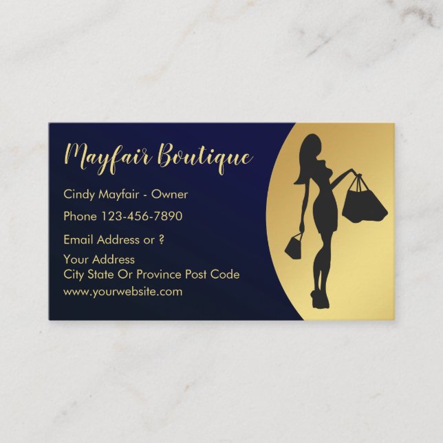 Classy Womens Fashion Boutique Blue And Golden Business Card (Front)