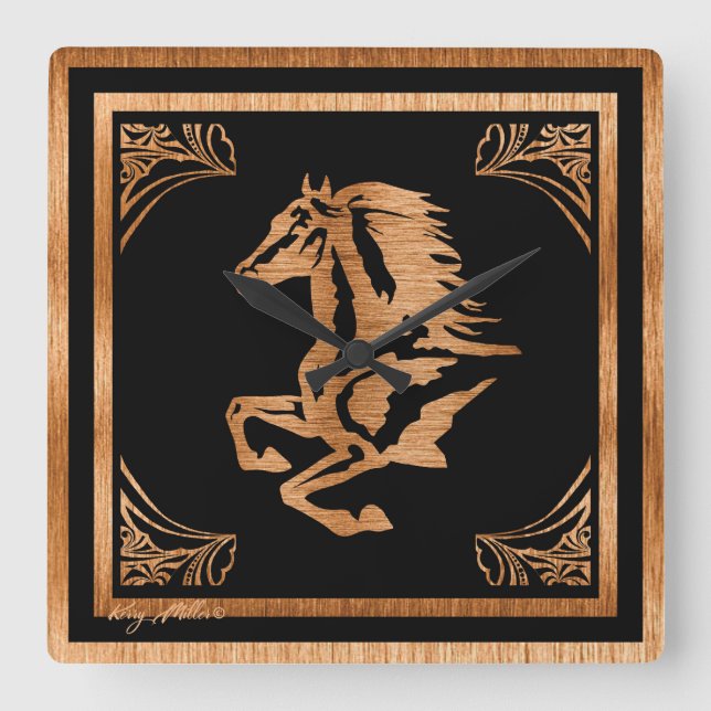 Classy Wood Horse Square Wall Clock (Front)