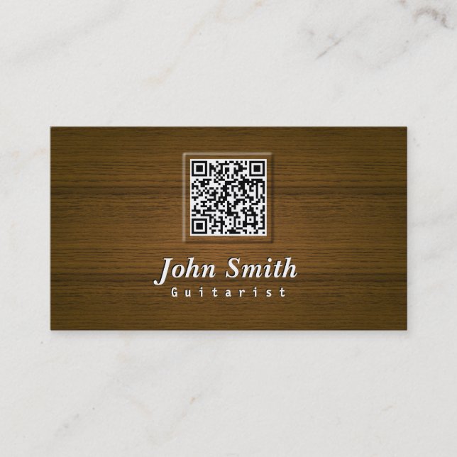 Classy Wood QR Code Guitarist Business Card (Front)