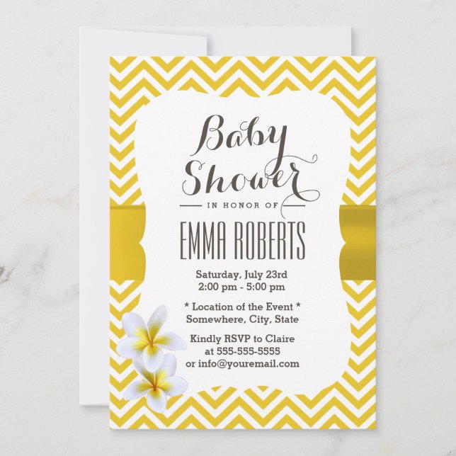 Classy Yellow Chevron Plumeria Baby Shower Invitation (Front)