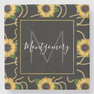 Classy Yellow Sunflowers Stylish Pattern Monogram Stone Coaster