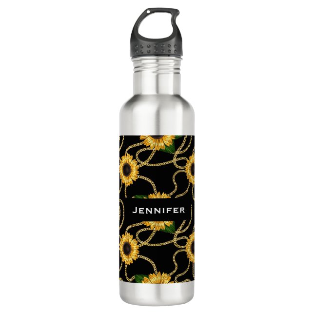 Classy Yellow Sunflowers Stylish Pattern on Black 710 Ml Water Bottle (Front)