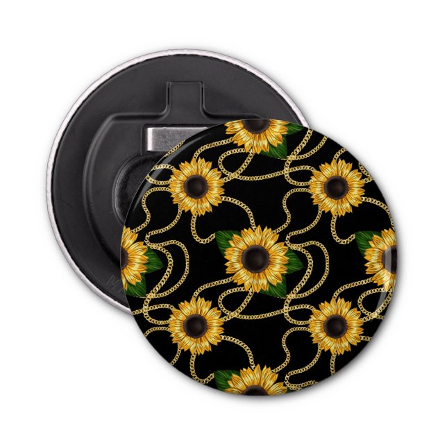 Classy Yellow Sunflowers Stylish Pattern on Black Bottle Opener (Front)