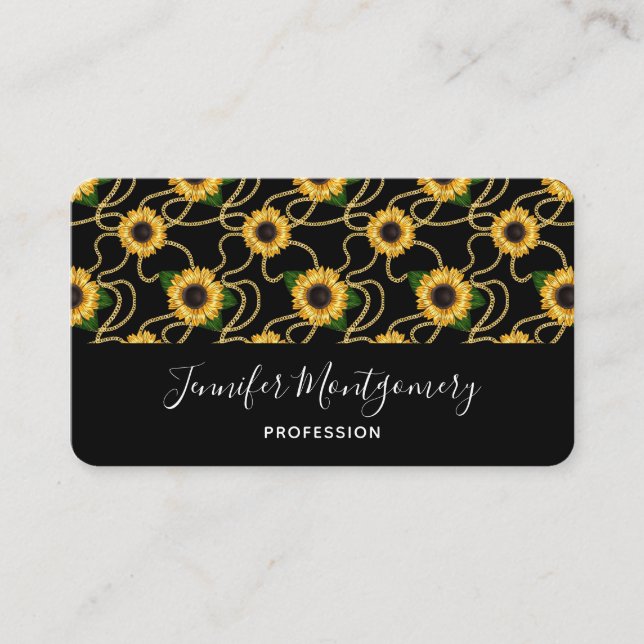 Classy Yellow Sunflowers Stylish Pattern on Black Business Card (Front)