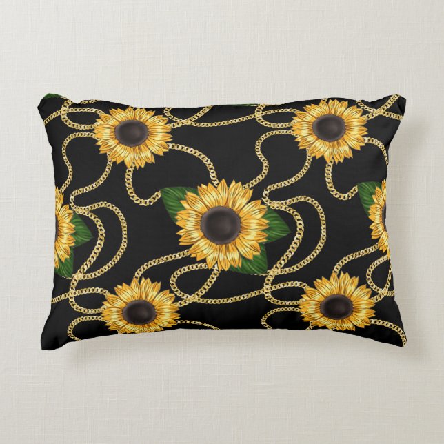 Classy Yellow Sunflowers Stylish Pattern on Black Decorative Cushion (Front)