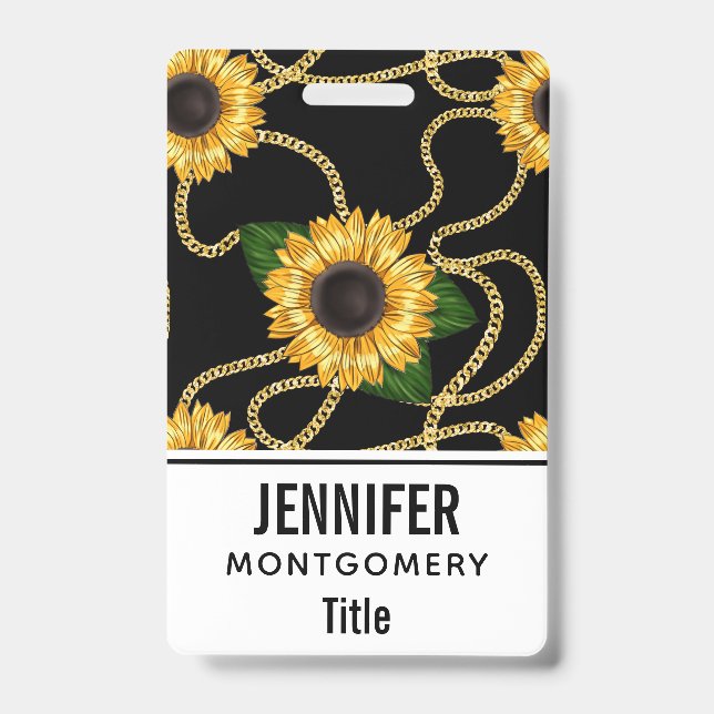 Classy Yellow Sunflowers Stylish Pattern on Black ID Badge (Front)