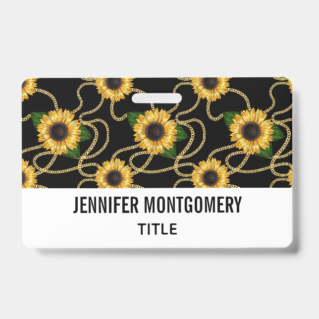 Classy Yellow Sunflowers Stylish Pattern on Black ID Badge (Front)