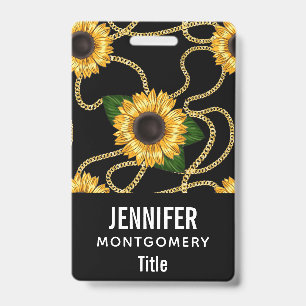 Classy Yellow Sunflowers Stylish Pattern on Black ID Badge