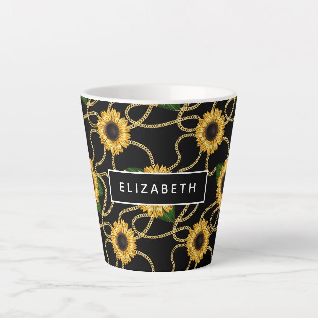 Classy Yellow Sunflowers Stylish Pattern on Black Latte Mug (Front)