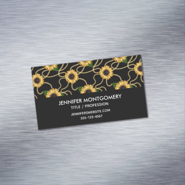 Classy Yellow Sunflowers Stylish Pattern on Black Magnetic Business Card (In Situ)