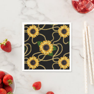 Classy Yellow Sunflowers Stylish Pattern on Black Napkin