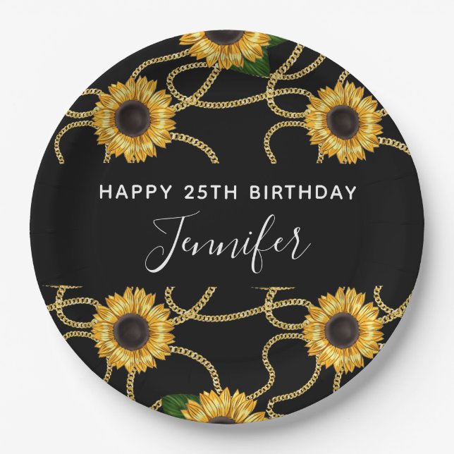Classy Yellow Sunflowers Stylish Pattern on Black Paper Plate (Front)
