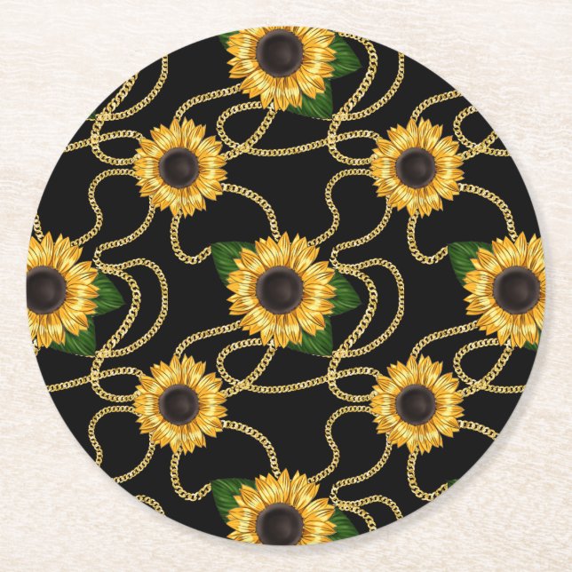 Classy Yellow Sunflowers Stylish Pattern on Black Round Paper Coaster (Front)
