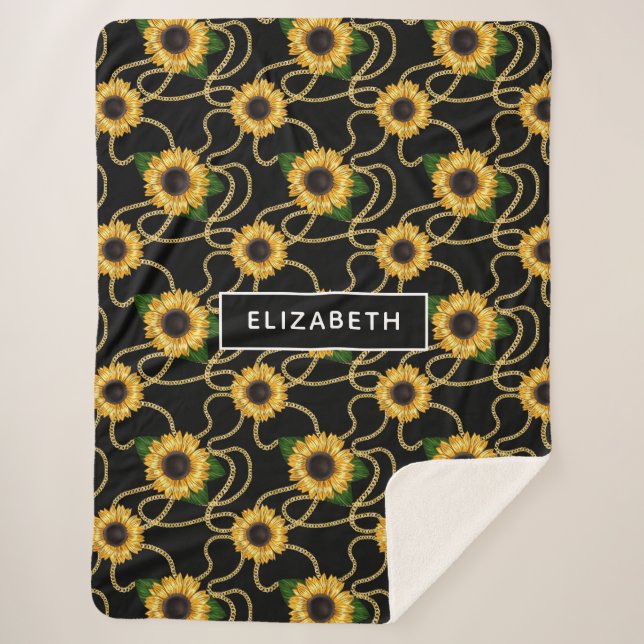 Classy Yellow Sunflowers Stylish Pattern on Black Sherpa Blanket (Front)