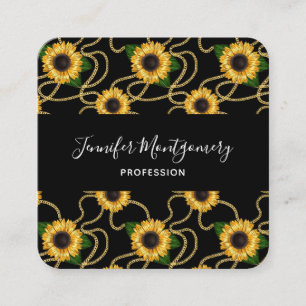 Classy Yellow Sunflowers Stylish Pattern on Black Square Business Card