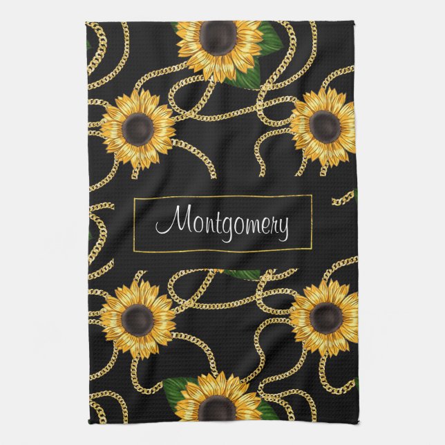 Classy Yellow Sunflowers Stylish Pattern on Black Tea Towel (Vertical)