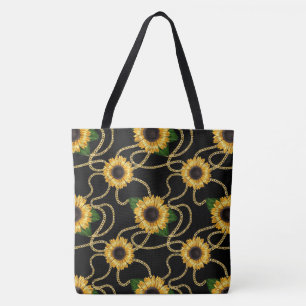 Classy Yellow Sunflowers Stylish Pattern on Black Tote Bag