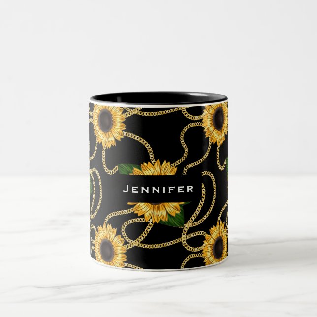 Classy Yellow Sunflowers Stylish Pattern on Black Two-Tone Coffee Mug (Center)