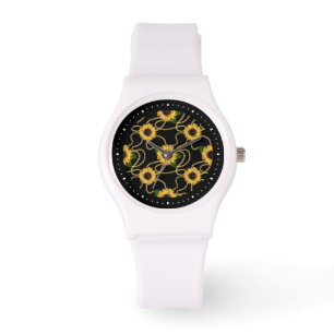 Classy Yellow Sunflowers Stylish Pattern on Black Watch