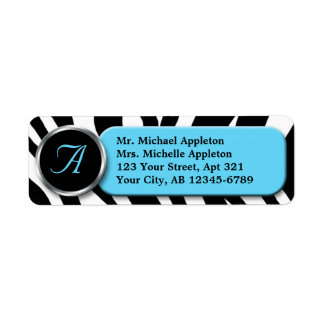 Classy Zebra Print Aqua Monogram Address Labels