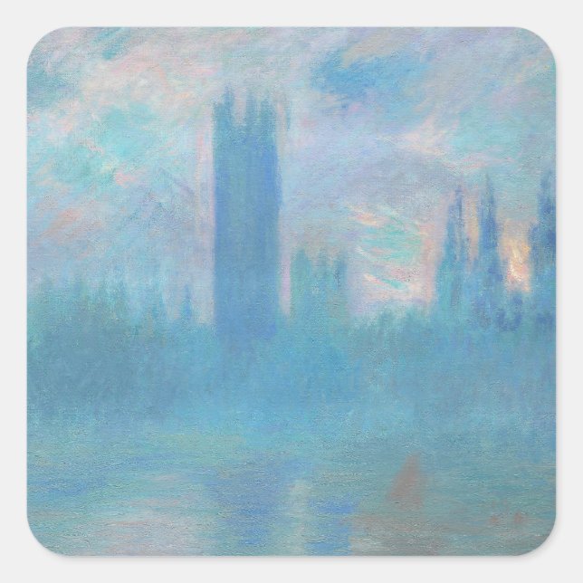 Claude Monet Houses of Parliament London. Blue Square Sticker (Front)