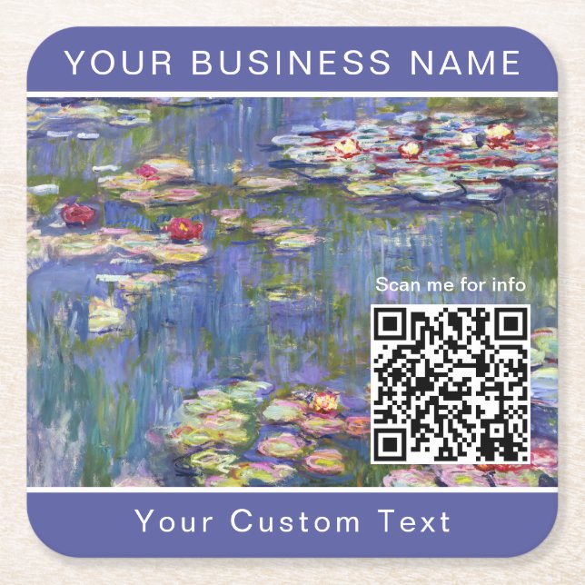 Claude Monet - Water Lilies / Nympheas - QR Code Square Paper Coaster (Front)