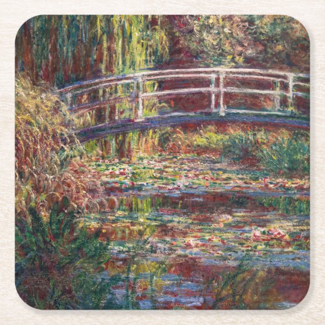Claude Monet - Water Lily pond, Pink Harmony Square Paper Coaster (Front)