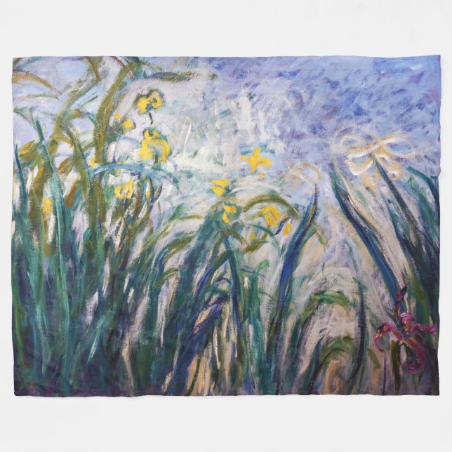 Claude Monet - Yellow and Purple Irises Fleece Blanket (Front (Horizontal))