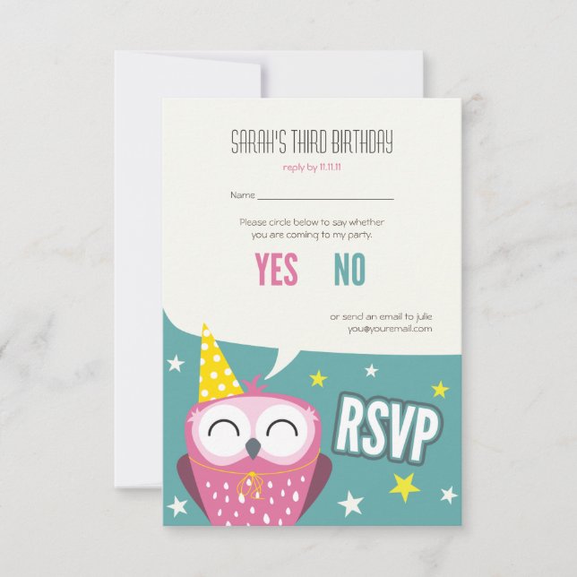Claudette the Owl Kids Birthday Party RSVP Card (Front)