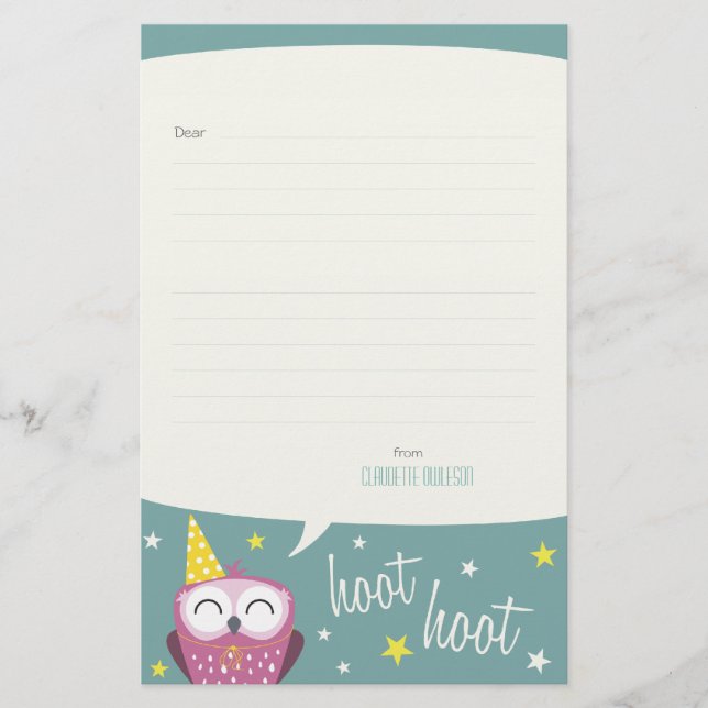 Claudette the Party Owl | Lined Note Paper (Front)