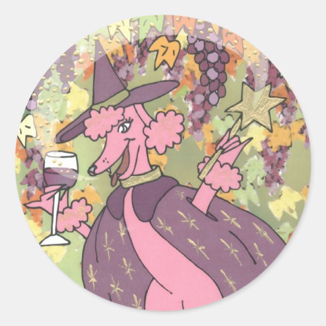 Claudette the Pink Poodle, Enchantress of Red Wine Classic Round Sticker (Front)